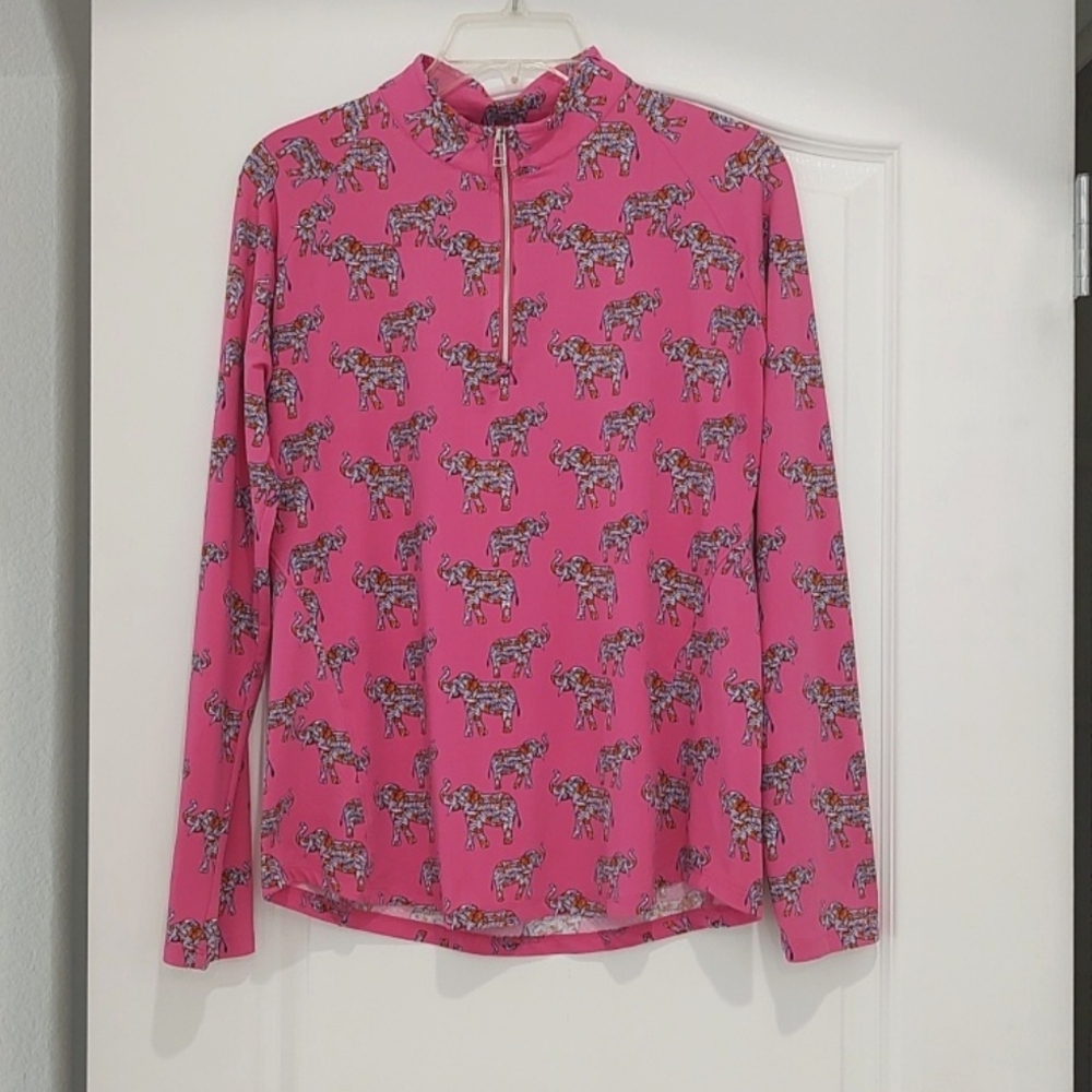 Cool Birdie Court Haley Pink Elephant Print Quarter Zip Top Shirt M UPF Long Slv